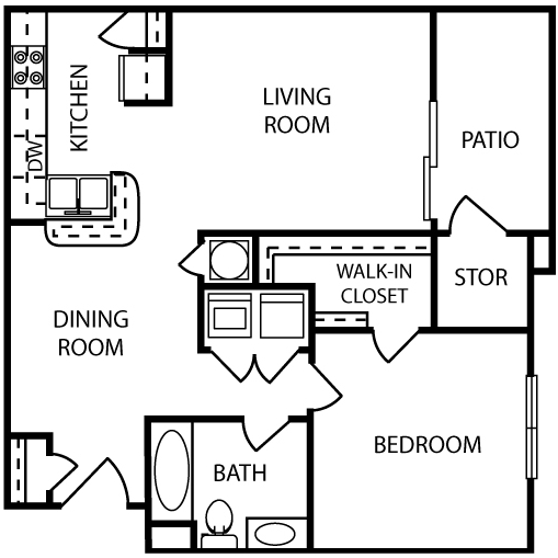 Floor plan for 1 bed, 1 bath, 820 sqft
